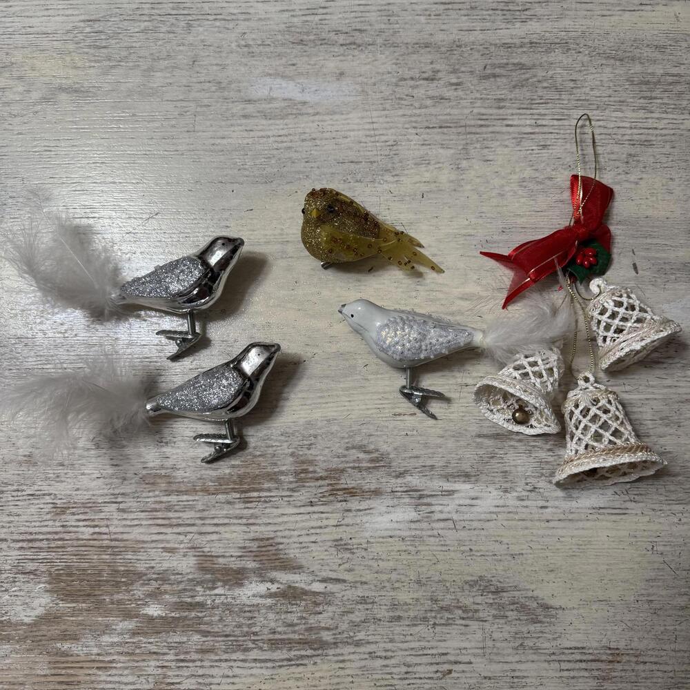 Christmas Lot Bundle Glass Clip on Ornament Bird and Bells